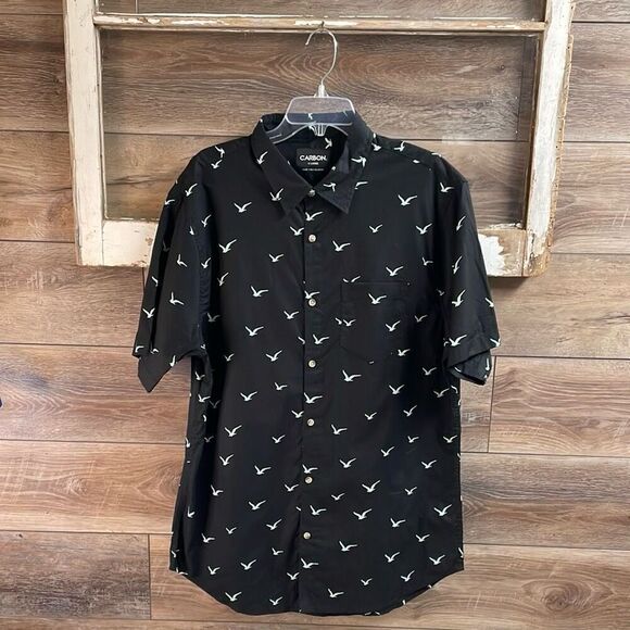 CARBON Men’s Black Business Casual Button Down Shirt Short Sleeve Bird Print XL - Picture 3 of 8